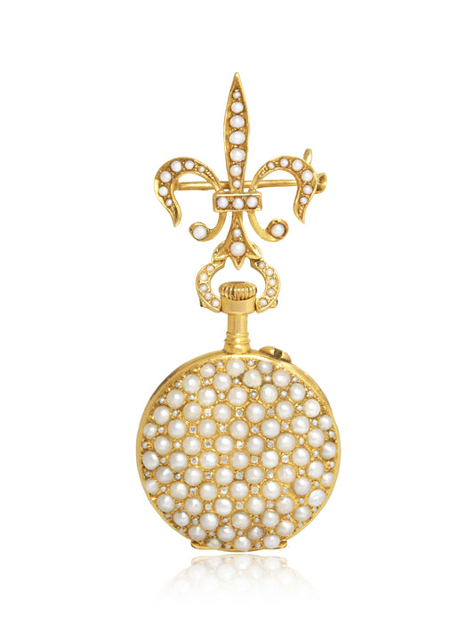 Antique 14K Gold Seed Pearl Diamond Fleur-de-Lis Pocket Watch Brooch