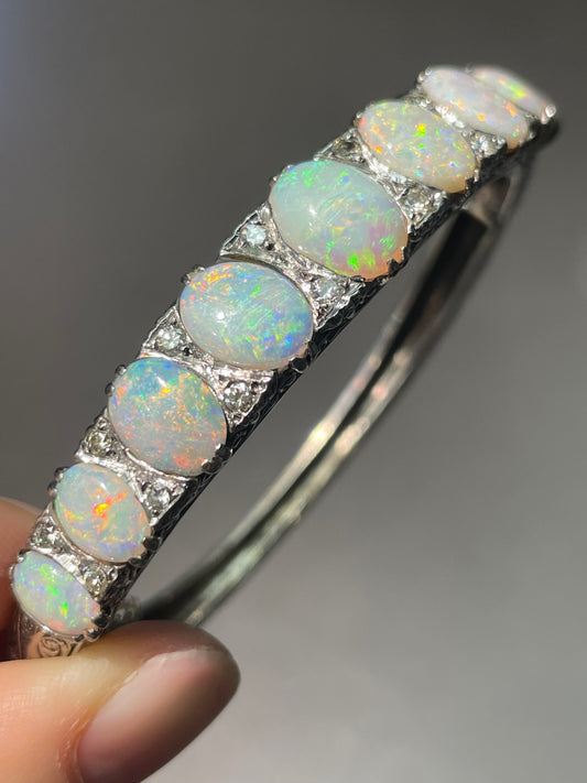 Antique Palladium Natural Opal Diamond Bracelet Bangle