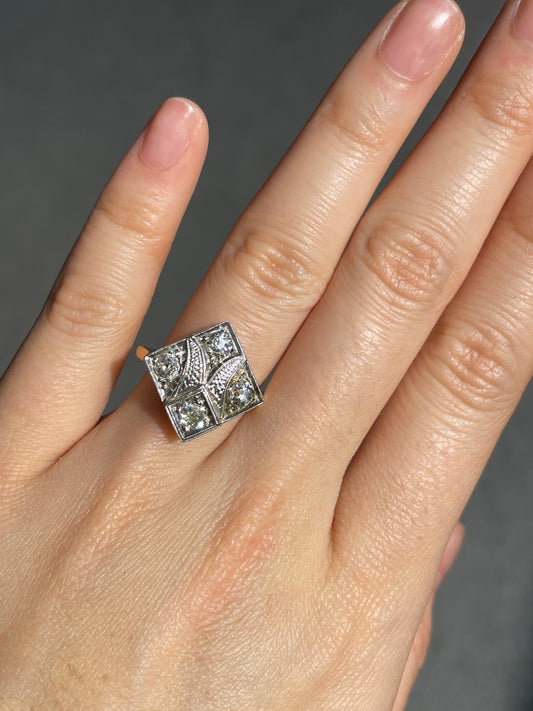 Art Deco 14K Two-Tone Gold 0.80 CTW Diamond Filigree Cocktail Ring