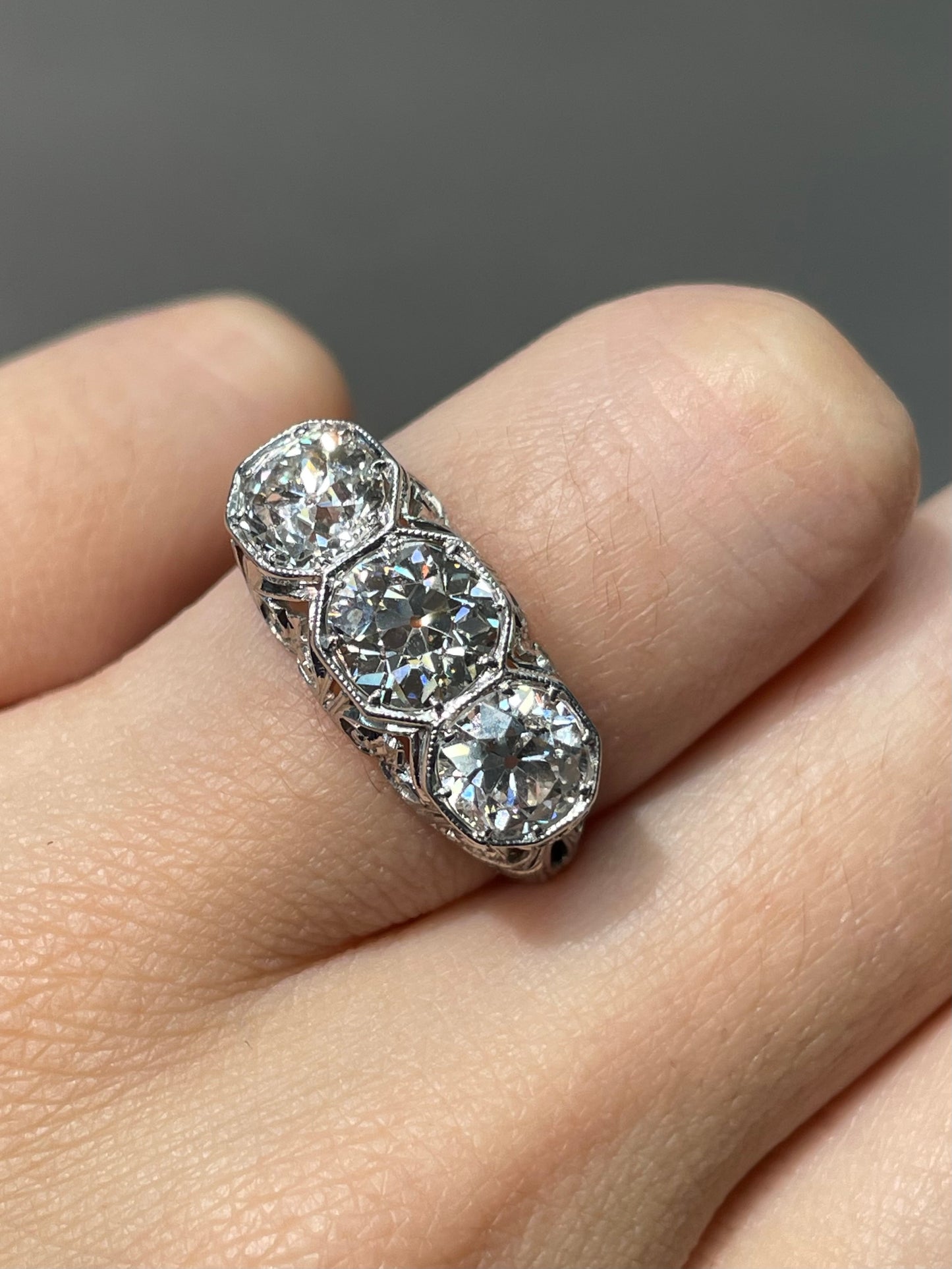 Antique Edwardian Platinum Gold 3.03 CTW Three Stone Diamond Ring