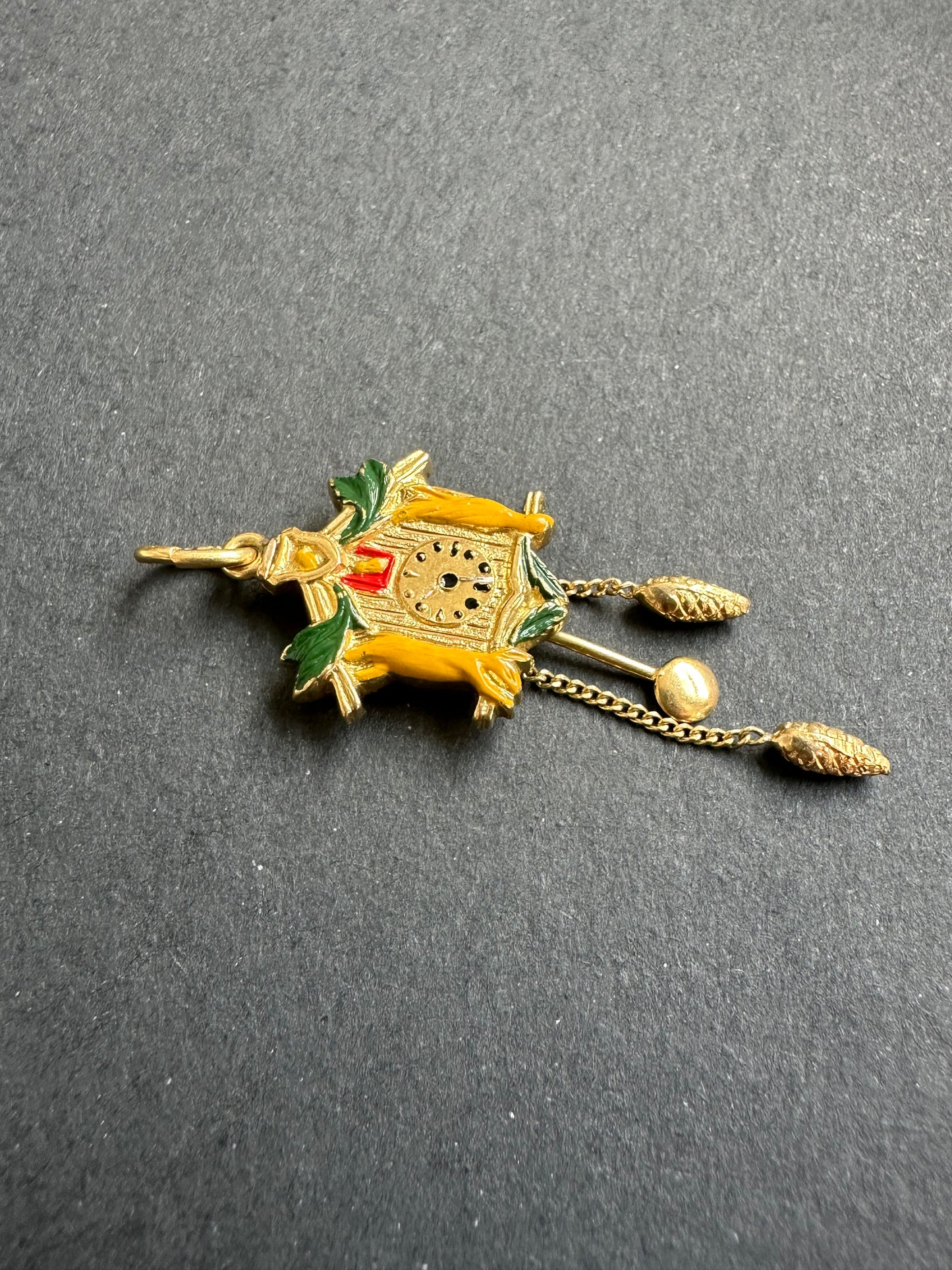 Vintage 18K Gold Enamel Articulating Cuckoo Clock Charm