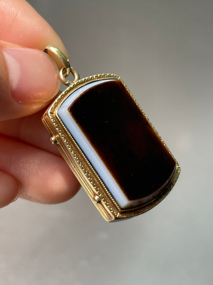 Antique 14K Yellow Gold Banded Agate Double Sided Locket