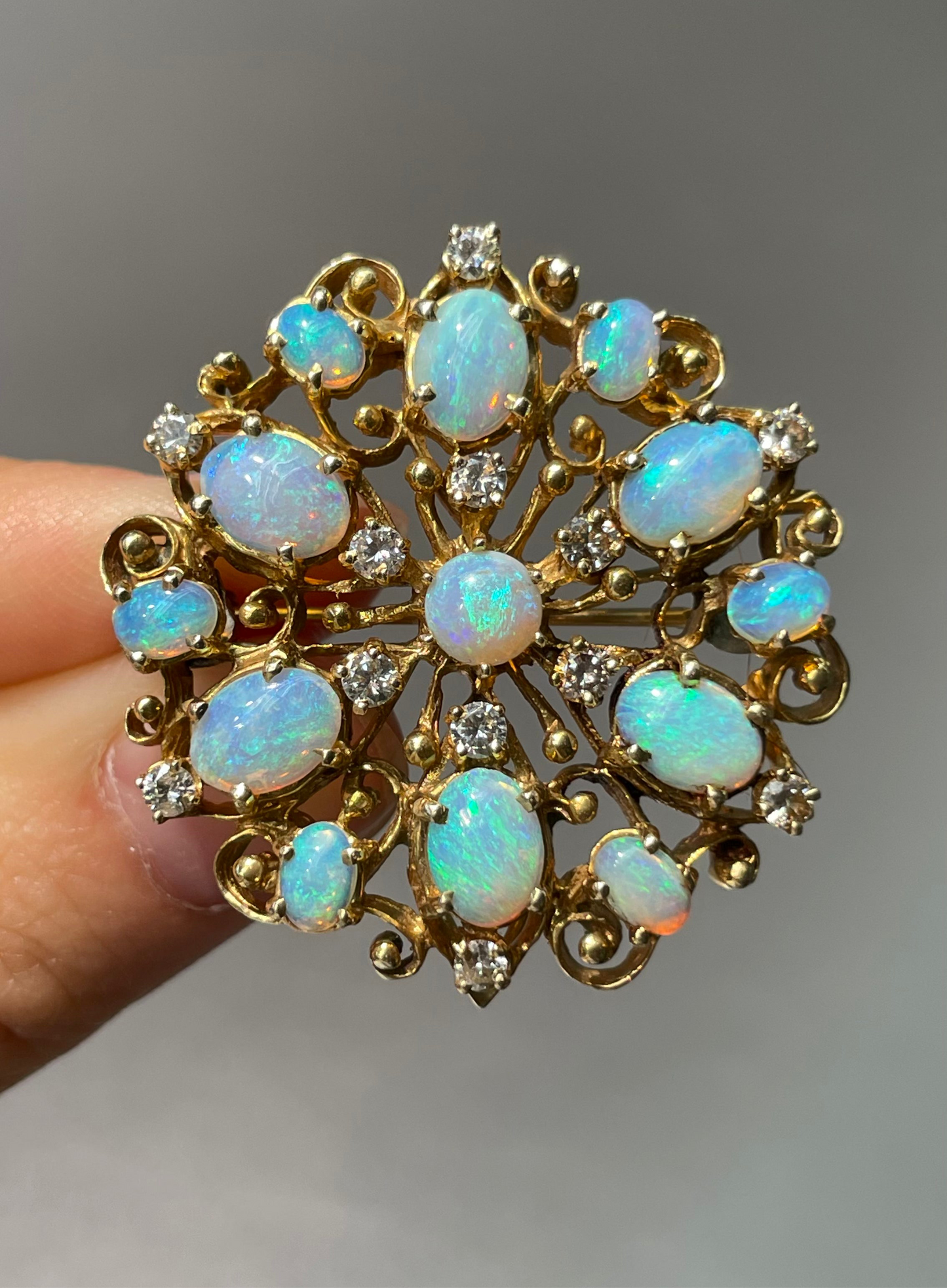 Vintage 14K Yellow Gold Opal Diamond Cluster Pendant Brooch