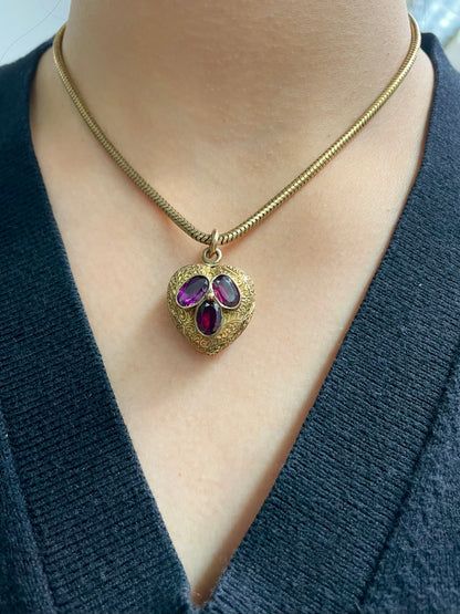 Antique Victorian 14K Yellow Gold Rhodolite Garnet Puffy Heart Pendant