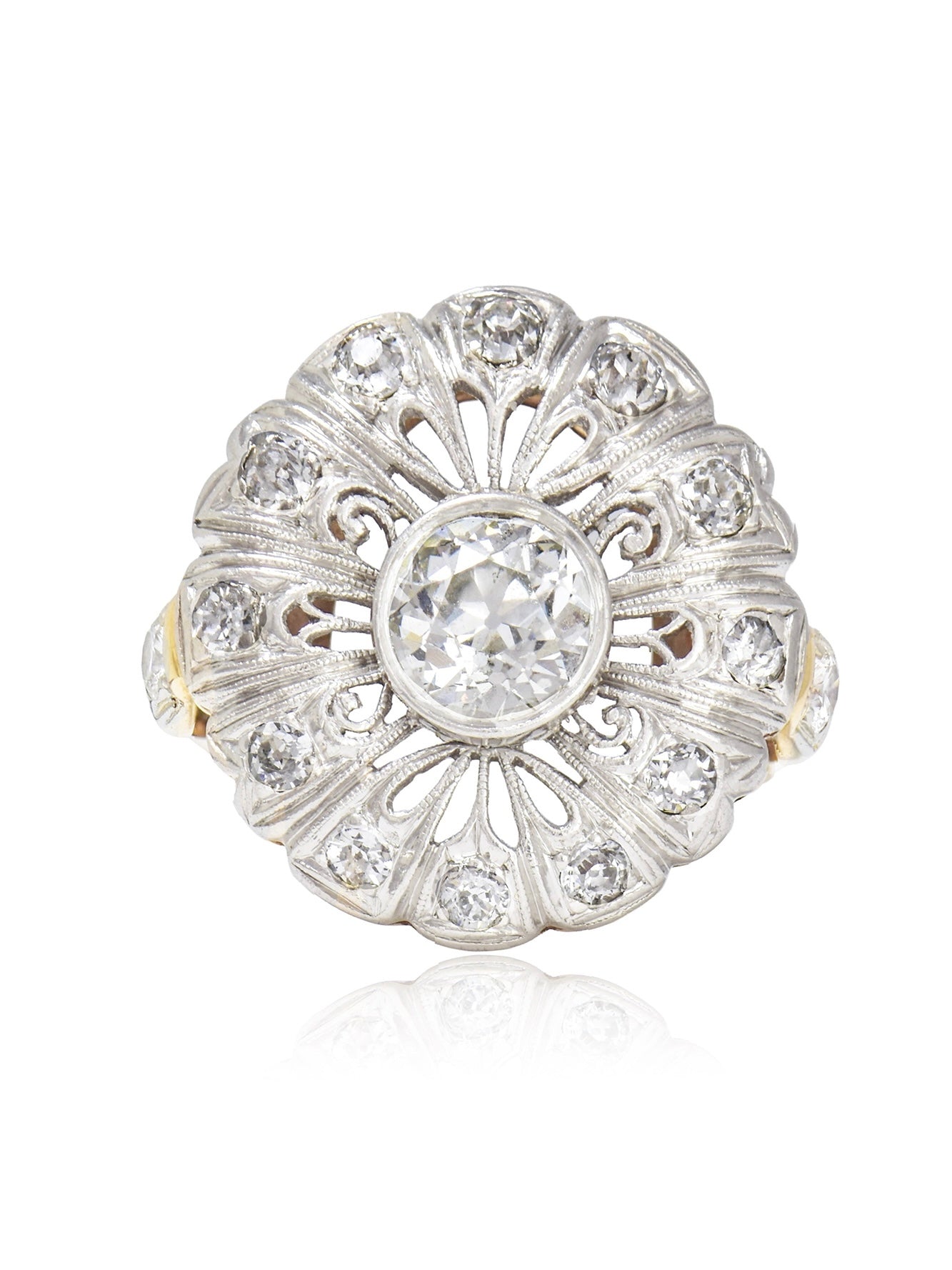 Antique Platinum 18K Gold 2.05 CTW Diamond Flower Cluster Ring