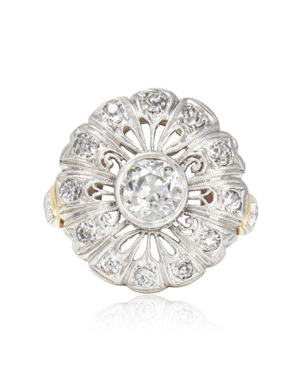 Antique Platinum 18K Gold 2.05 CTW Diamond Flower Cluster Ring