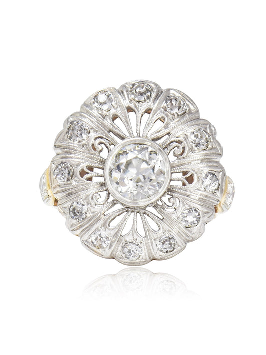 Antique Platinum 18K Gold 2.05 CTW Diamond Flower Cluster Ring