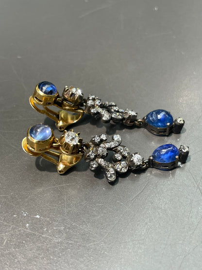 Antique 18K Yellow Gold Silver Sapphire Diamond Drop Earrings