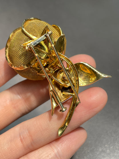 French 18K Gold 1.30 CTW Diamond En Tremblant Flower Brooch