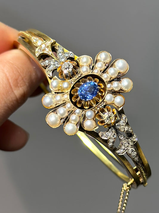 Antique 14K Gold Sapphire Diamond and Natural Antique Pearl Bracelet