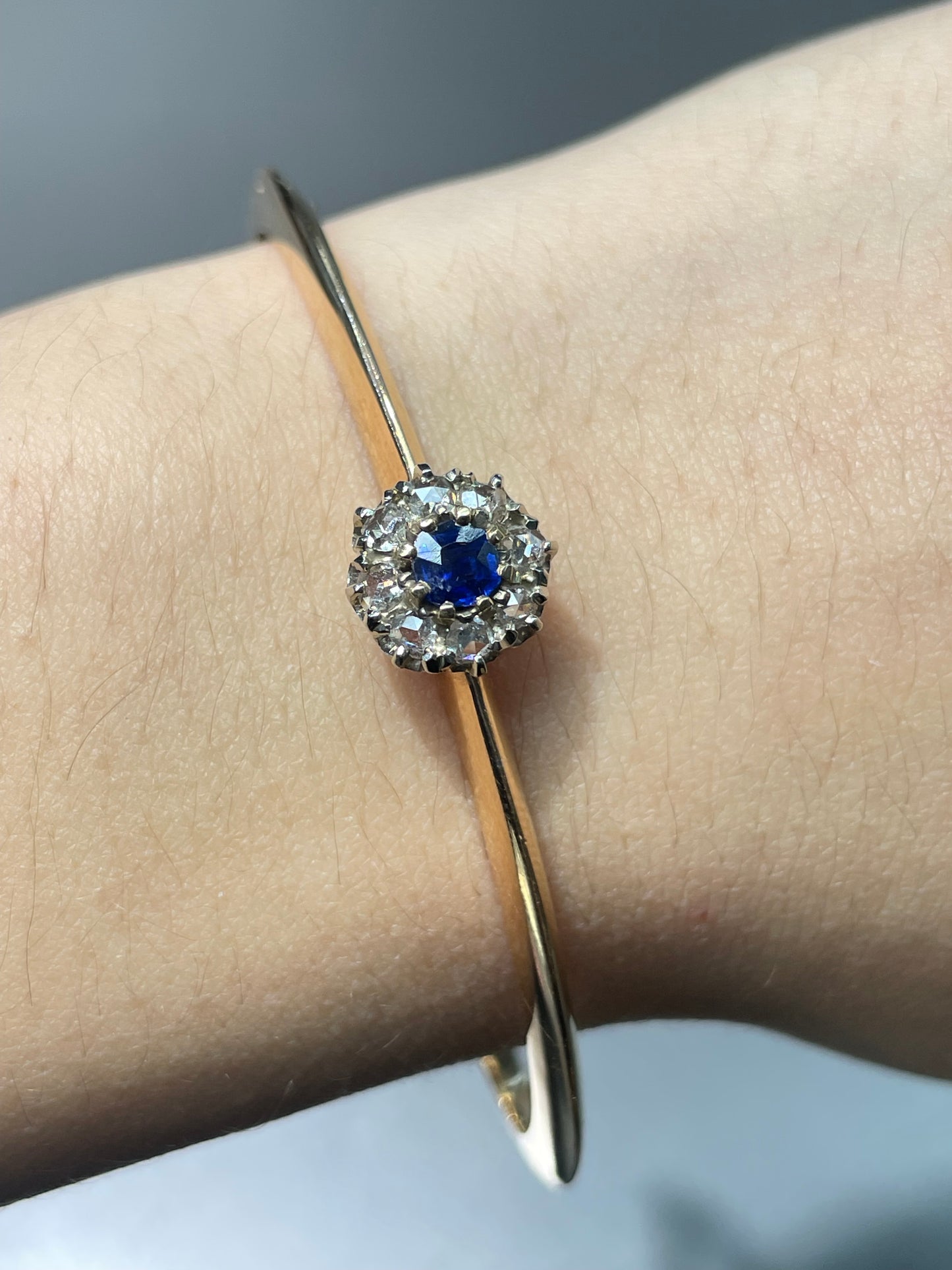 Antique French 18K Gold Natural Sapphire Diamond Halo Bangle Bracelet