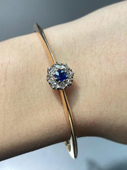 Antique French 18K Gold Natural Sapphire Diamond Halo Bangle Bracelet