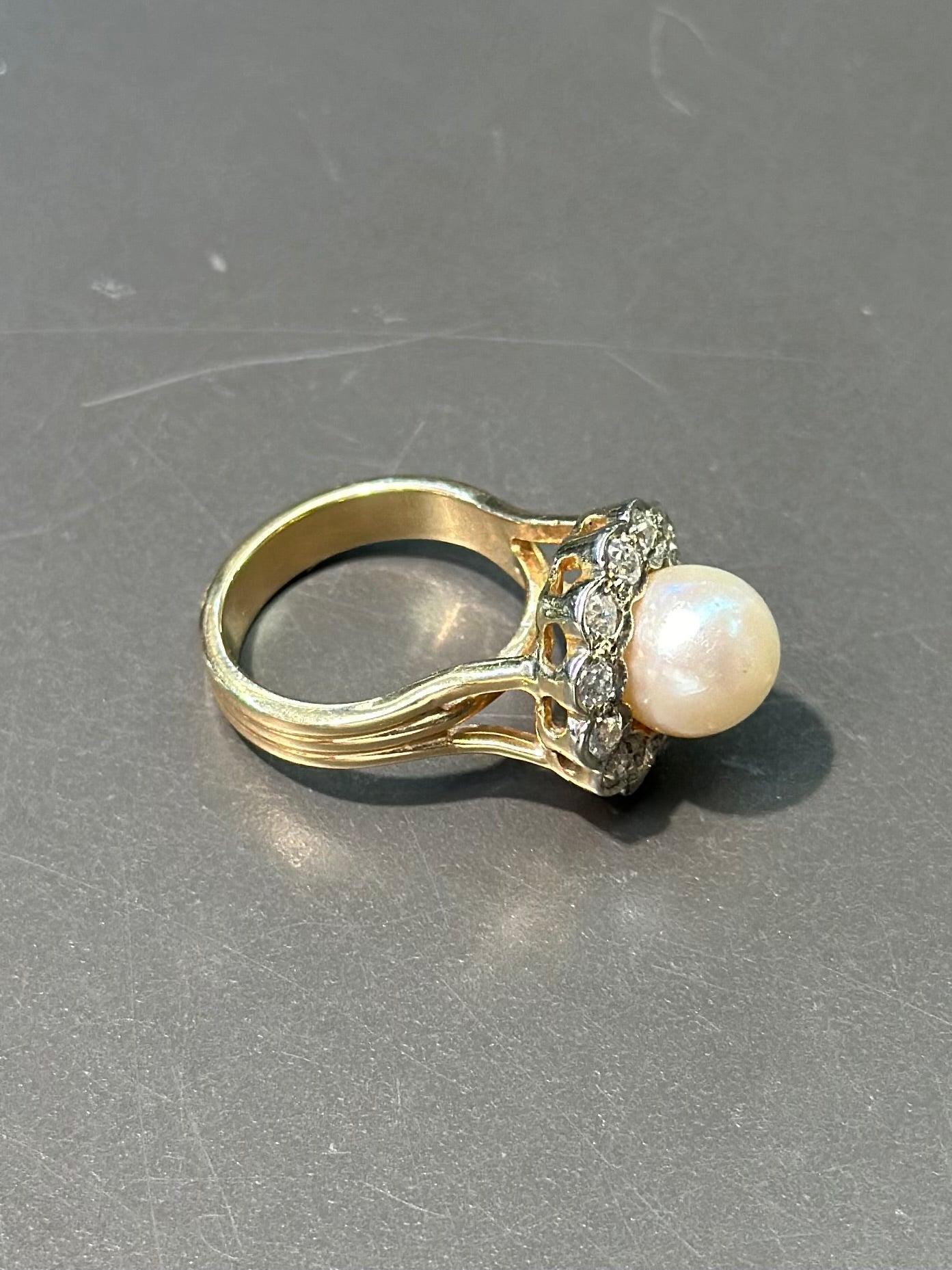 复古 14K 金珍珠钻石光环戒指