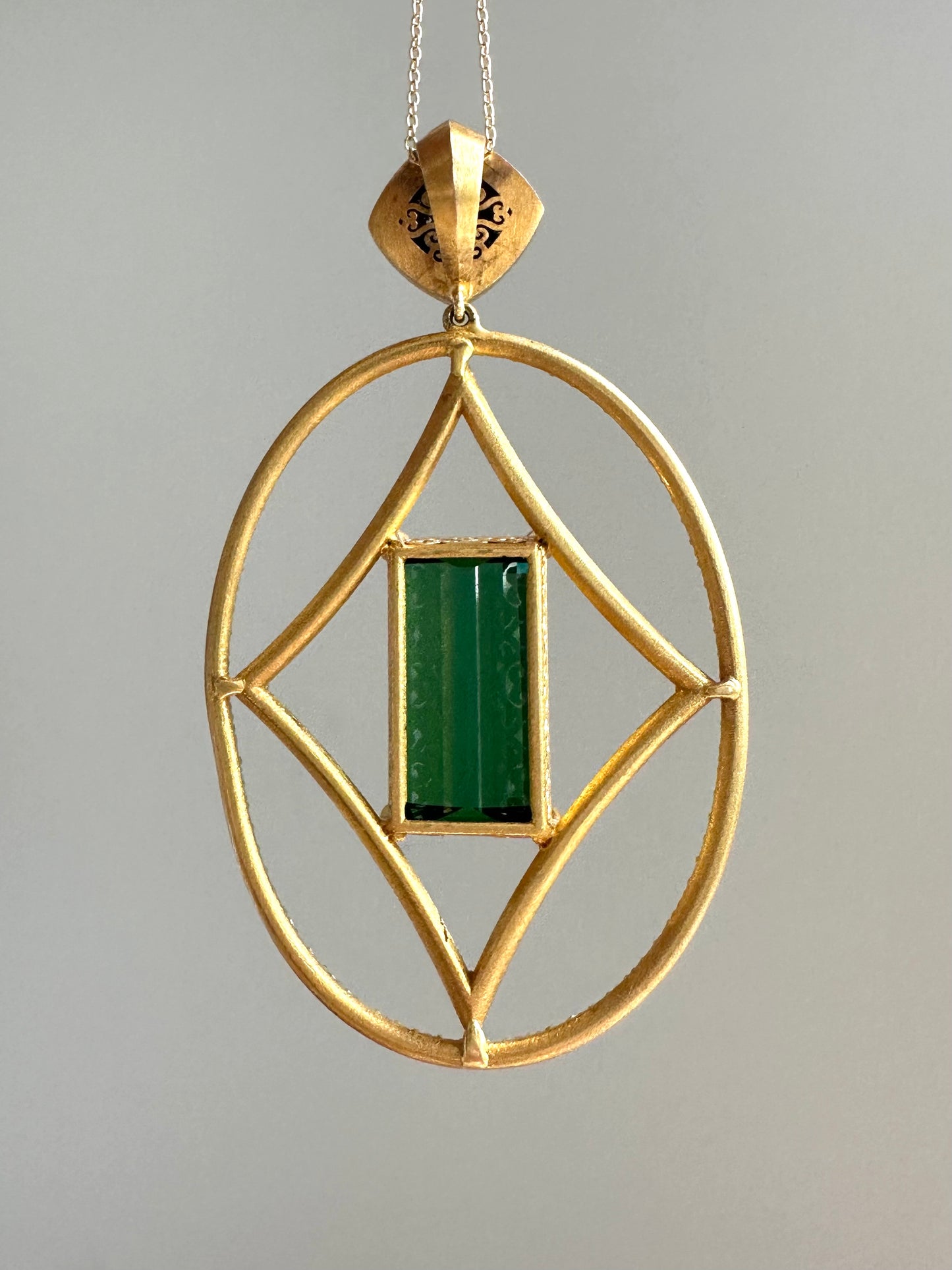 18K Gold Elongated Green Tourmaline Diamond Pendant