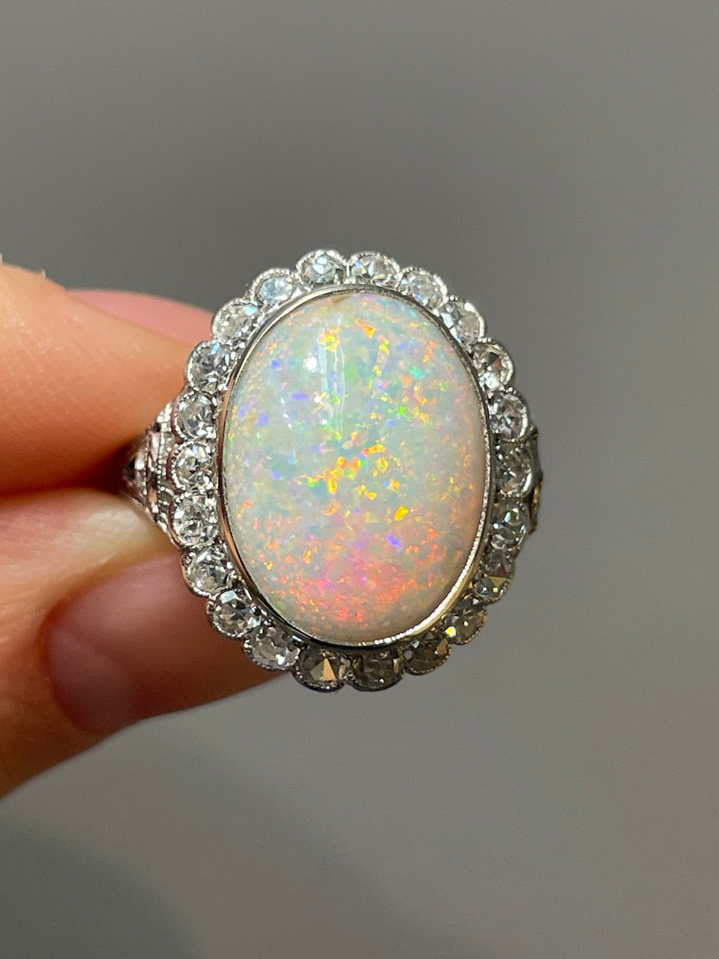 Art Deco Platinum Opal 0.88 CTW Diamond Halo Ring
