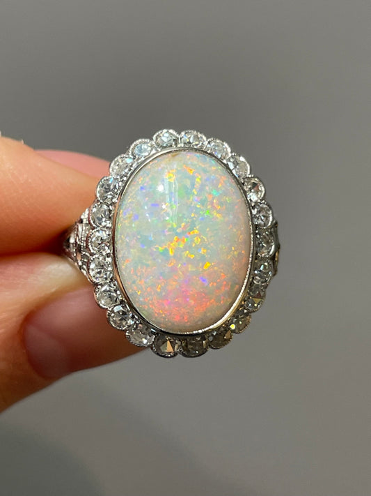 Art Deco Platinum Opal 0.88 CTW Diamond Halo Ring