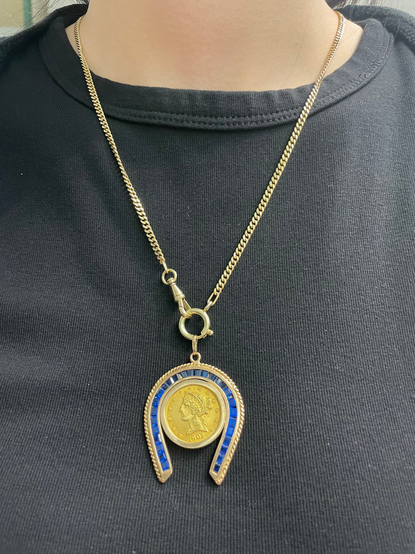 Vintage 18K Yellow Gold Sapphire Horse Shoe 1901 Liberty Coin Pendant