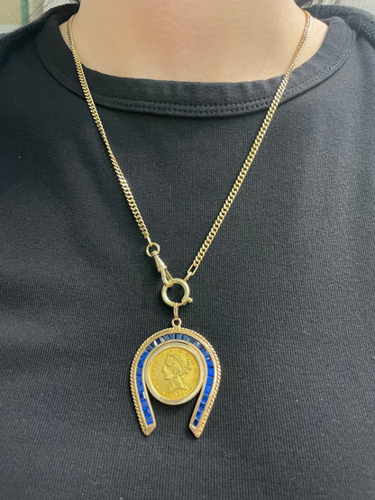 Vintage 18K Yellow Gold Sapphire Horse Shoe 1901 Liberty Coin Pendant