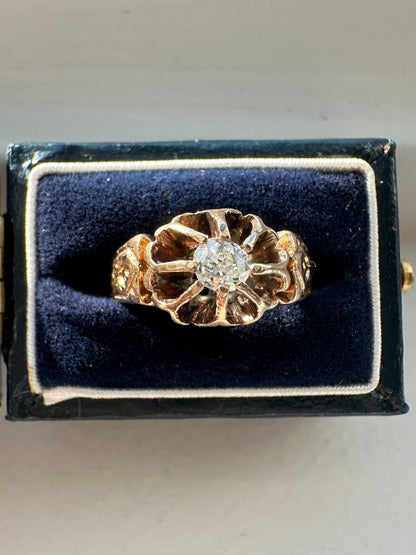 古董 14K 金 0.22 CTW 老矿切割 Belcher 图案戒指