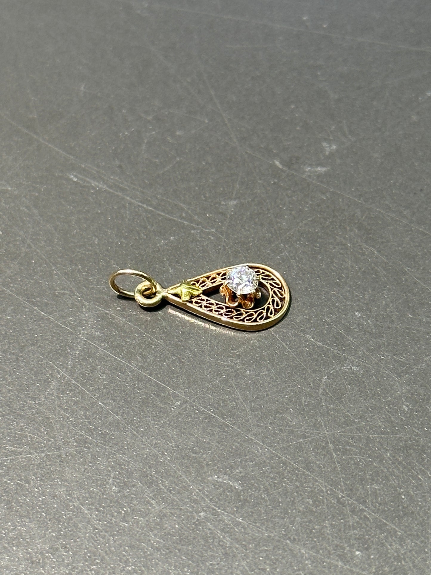 Art Deco 14K Gold Diamond Filigree Drop Shape Charm