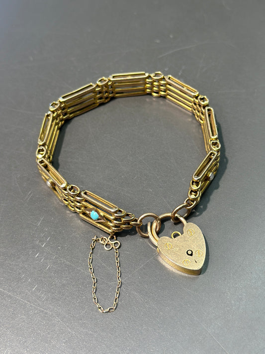 Victorian 9K Gold Turquoise and Pearl Padlock Gate Link Bracelet