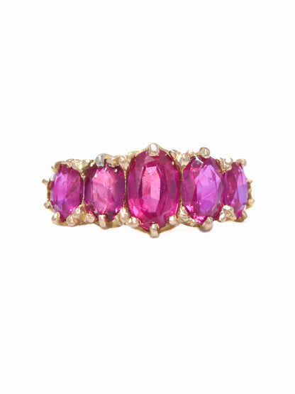 Antique 18K Gold 2.59 CTW Burma Five Stone Ruby Ring GIA