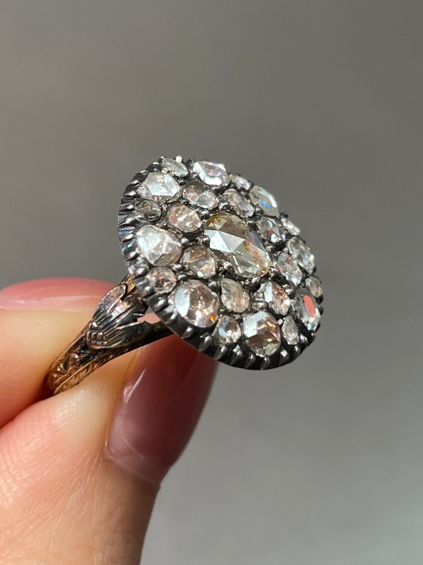 Antique Georgian 18K Yellow Gold Topped Silver 2.25 CTW Rose Cut Diamond Cobblestone Cluster Ring
