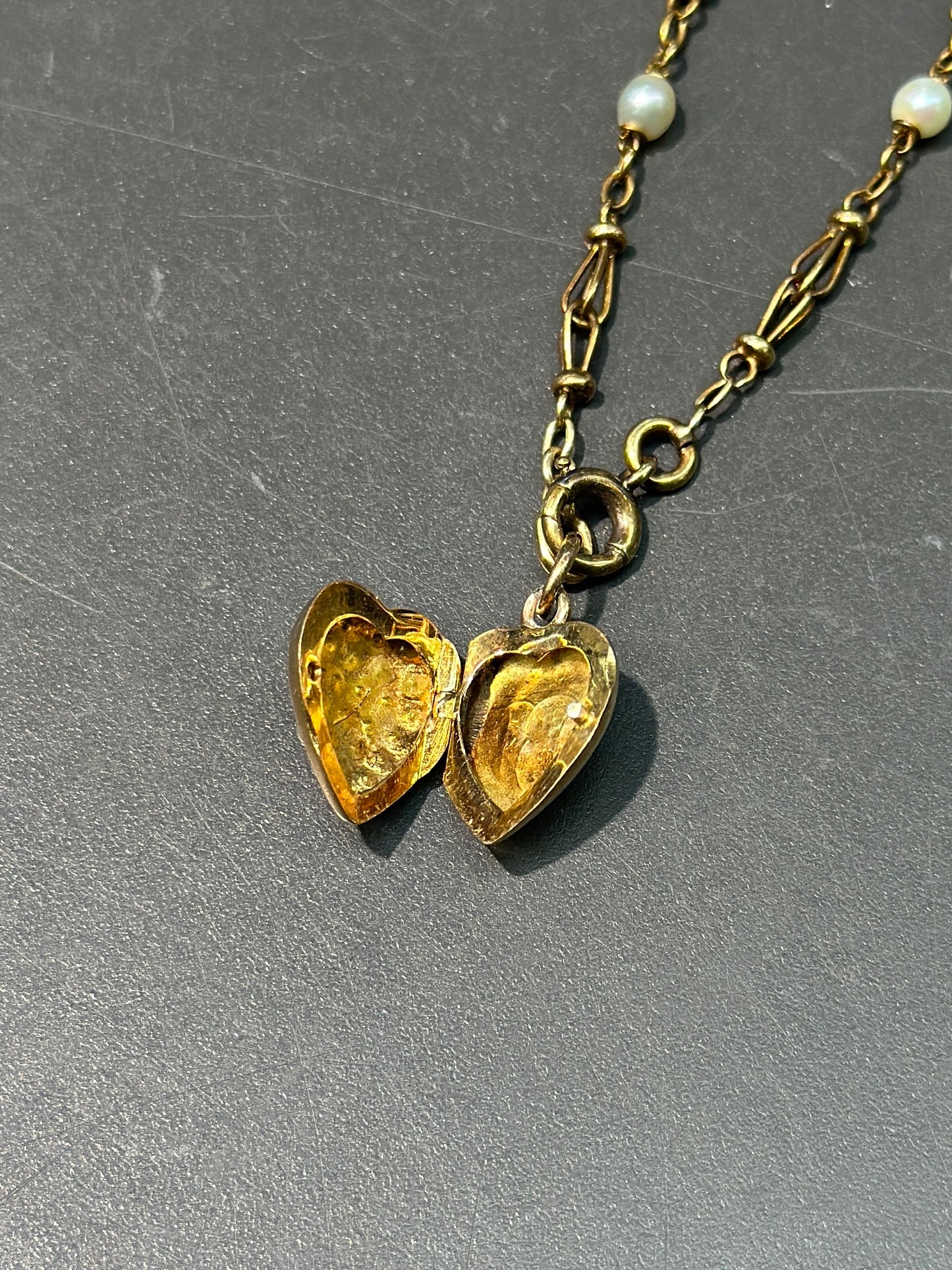 Victorian 18K Gold Seed Pearl Heart Locket Bracelet