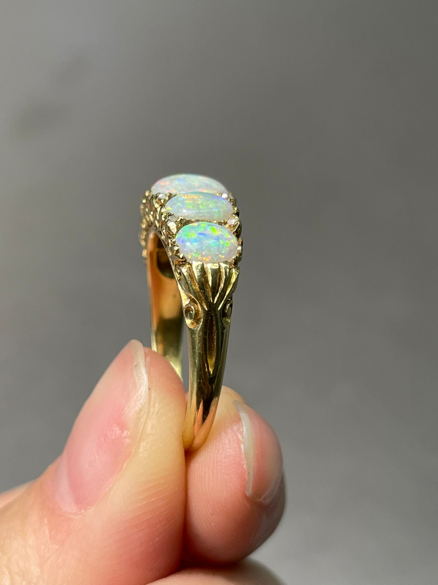 Antique Edwardian 18K Yellow Gold Five Stone Opal Diamond Ring