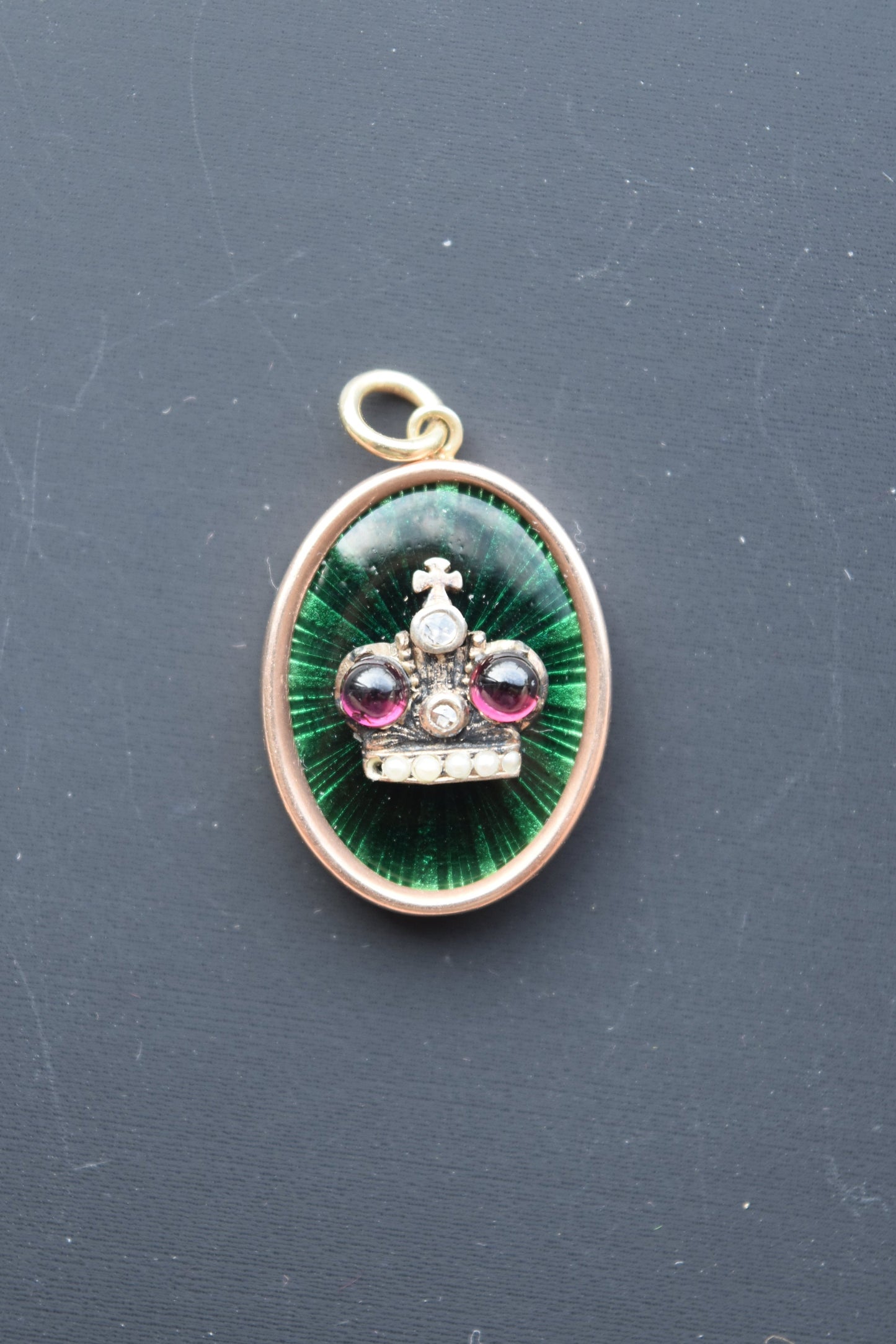 Antique 14K Gold Enamel Seed Pearl Tourmaline Diamond Crown Charm