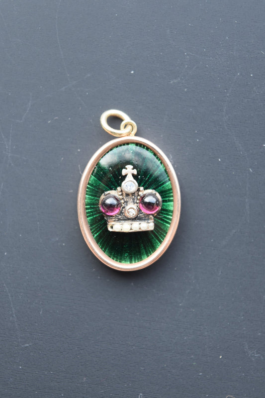 Antique 14K Gold Enamel Seed Pearl Tourmaline Diamond Crown Charm