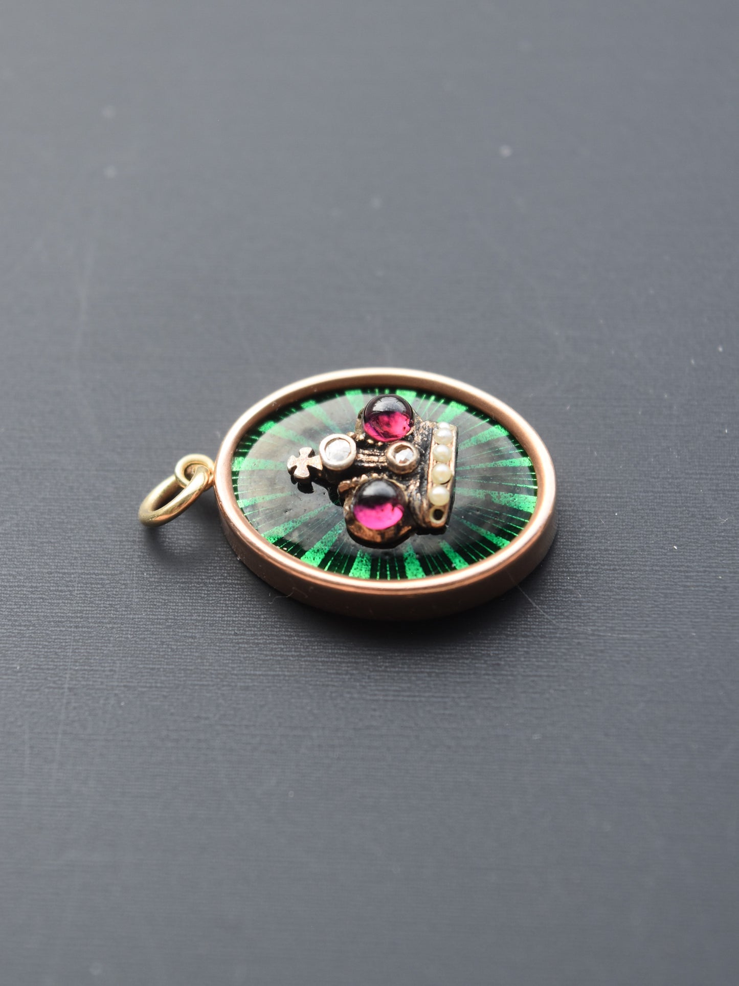 Antique 14K Gold Enamel Seed Pearl Tourmaline Diamond Crown Charm