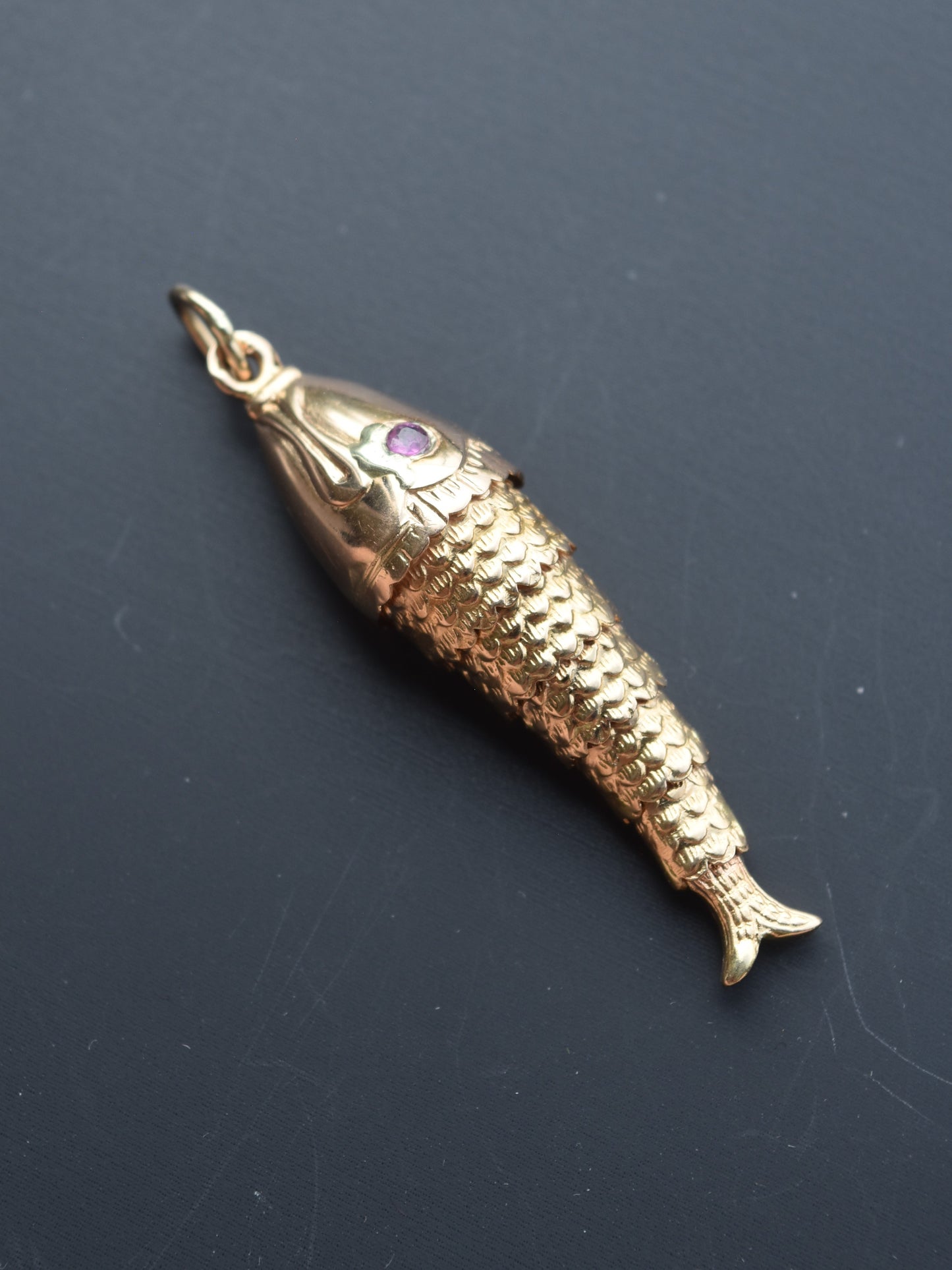 Vintage 14K Gold Large Tourmaline Articulating Fish Charm Pendant