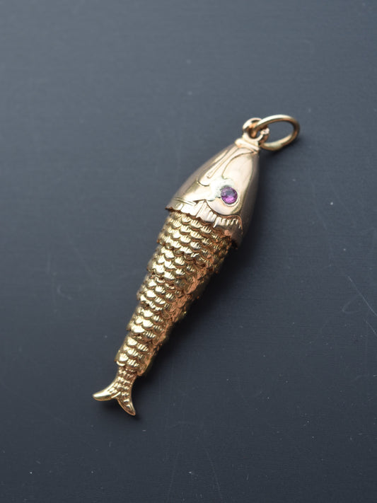 Vintage 14K Gold Large Tourmaline Articulating Fish Charm Pendant