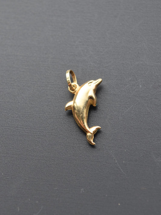 14K Gold Mini Hollow Blue Enamel Dolphin Charm Pendant