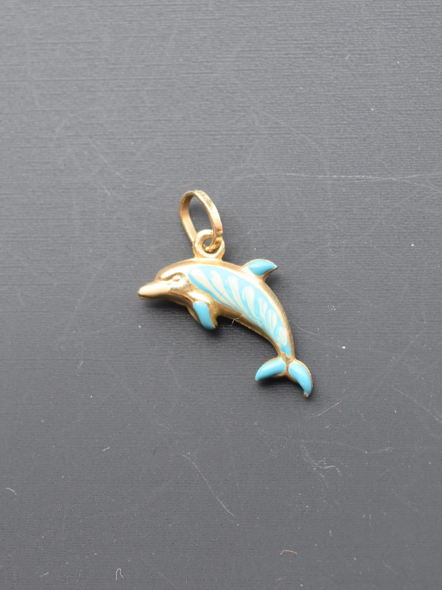 14K Gold Mini Hollow Blue Enamel Dolphin Charm Pendant