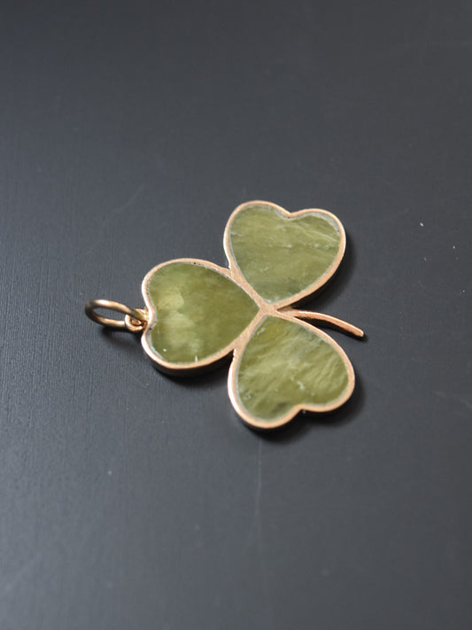 Vintage 9K Gold Aventurine Jade Three Leaf Clover Charm Pendant