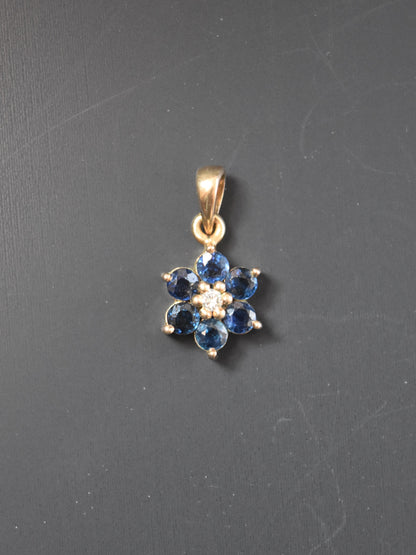 14K 金蓝宝石钻石花朵吊坠