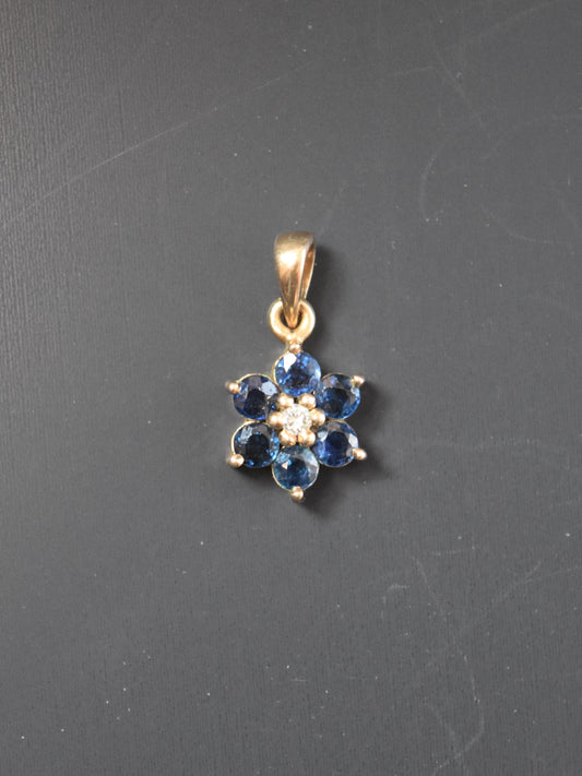 14K 金蓝宝石钻石花朵吊坠