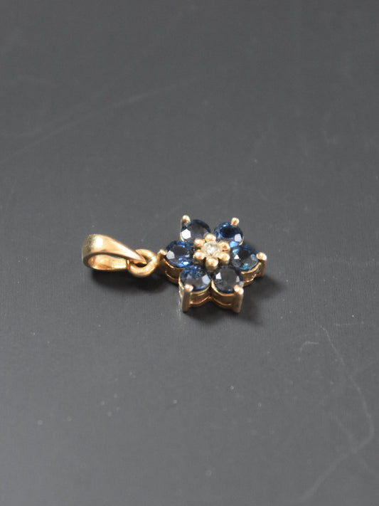 14K 金蓝宝石钻石花朵吊坠