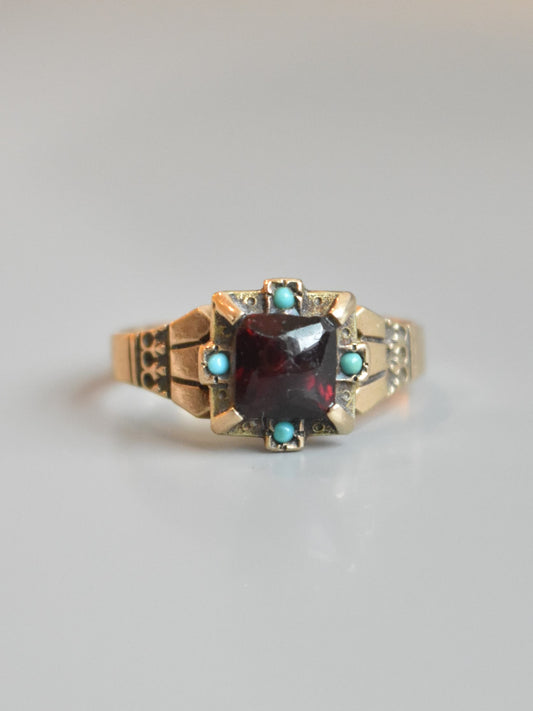 Bague turquoise grenat en or victorien 14 carats SZ 7.5