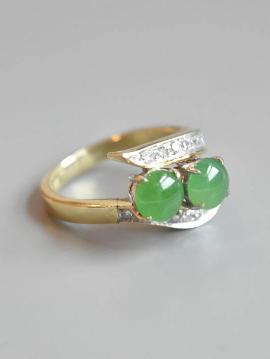 Edwardian 14K Gold Jade and Diamond Toi Et Moi Ring