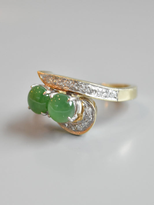 Edwardian 14K Gold Jade and Diamond Toi Et Moi Ring