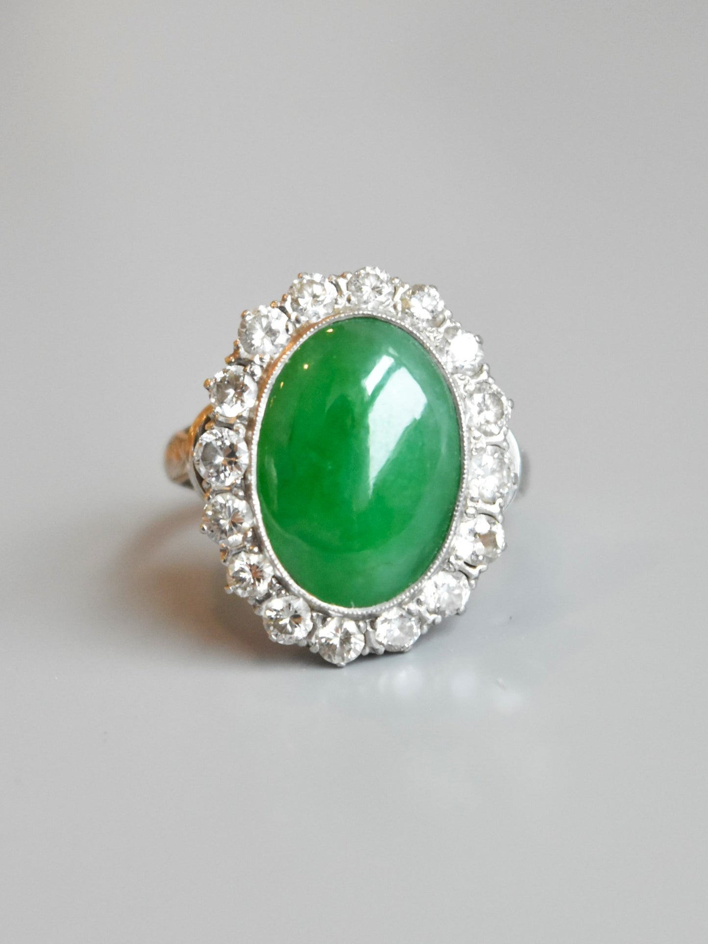 Bague Art Déco Platinum Jade Diamond Halo SZ 6.5