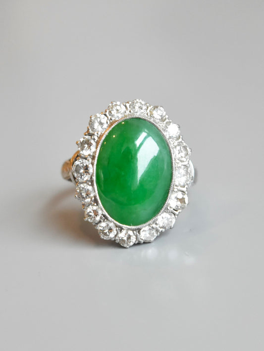 Art Deco Platinum Jade Diamond Halo Ring SZ 6.5