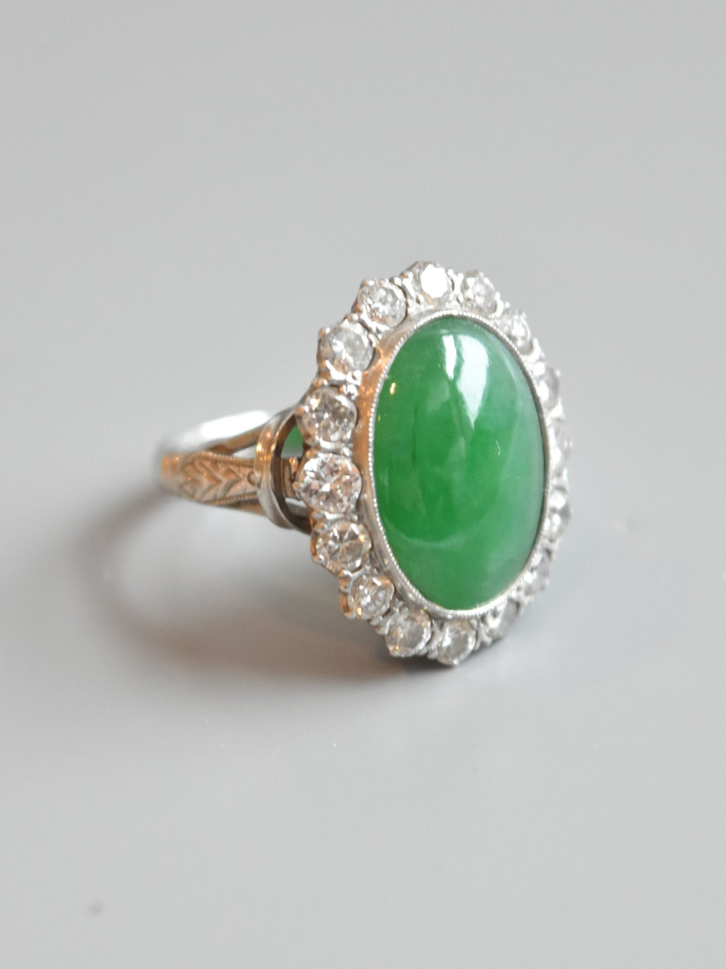 Bague Art Déco Platinum Jade Diamond Halo SZ 6.5