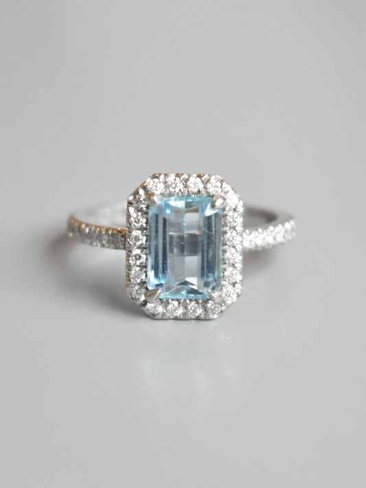 Platinum Aquamarine Diamond Pavé Halo Ring