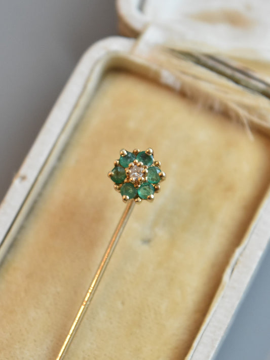 Antique 14K Gold Emerald and Diamond Halo Stick Pin