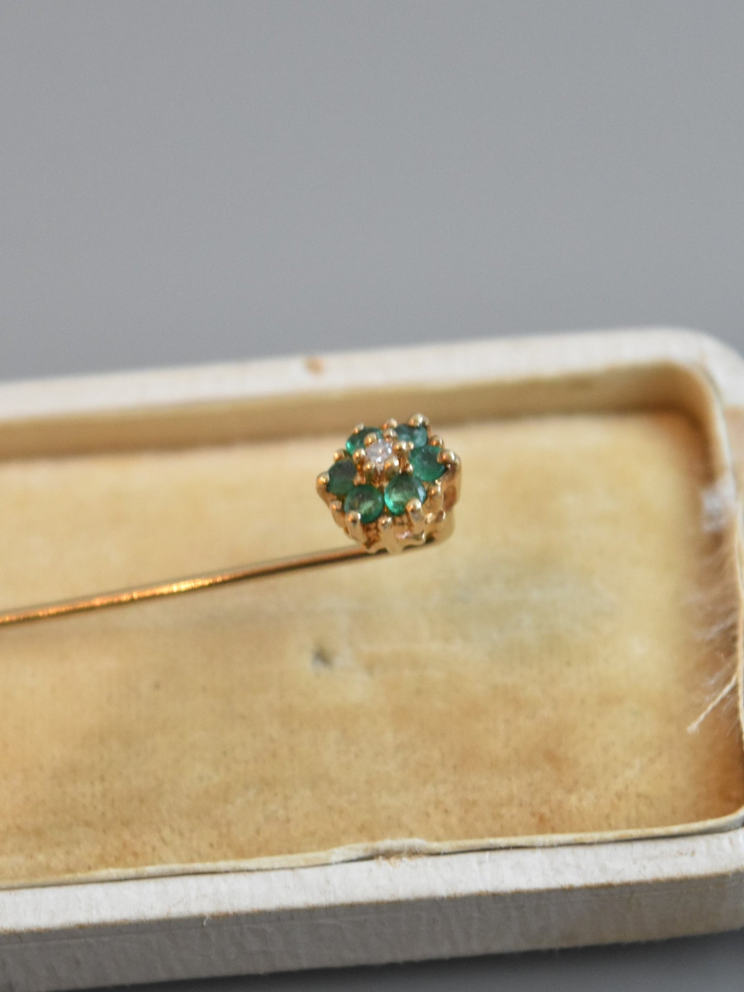 Antique 14K Gold Emerald and Diamond Halo Stick Pin