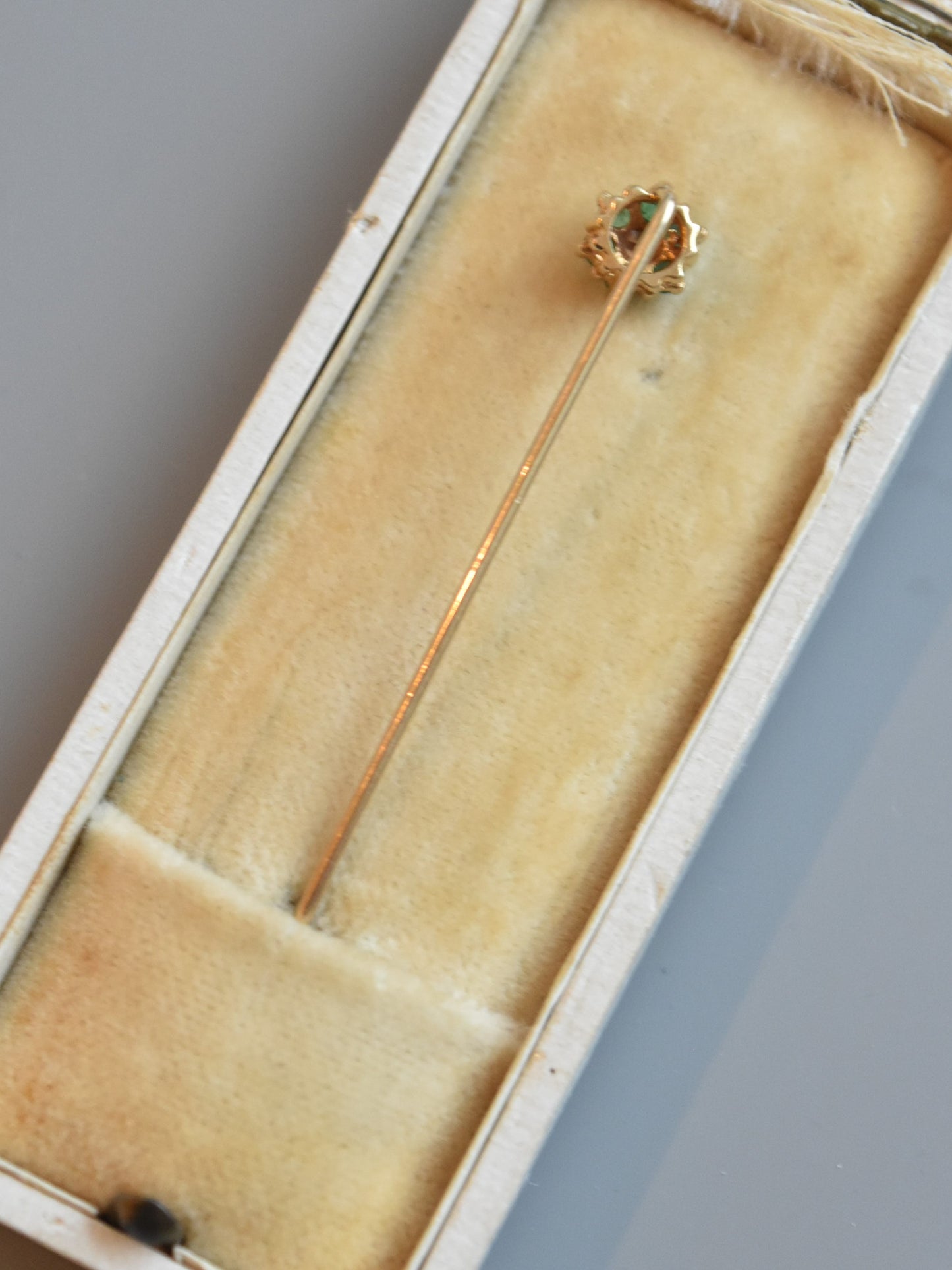 Antique 14K Gold Emerald and Diamond Halo Stick Pin